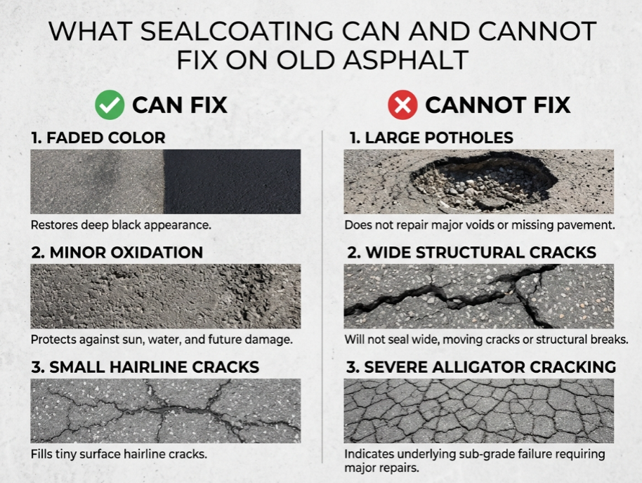 What Sealcoating Can and Cannot Fix on Old Asphalt